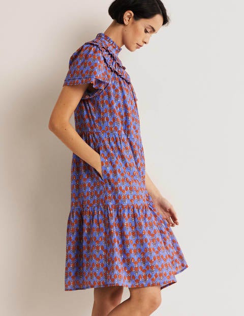 Flutter Sleeve Ruched Dress - Mosaic Blue, Poppy Geo