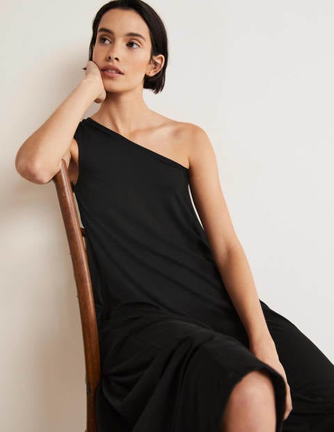 One Shoulder Jersey Midi Dress - Black