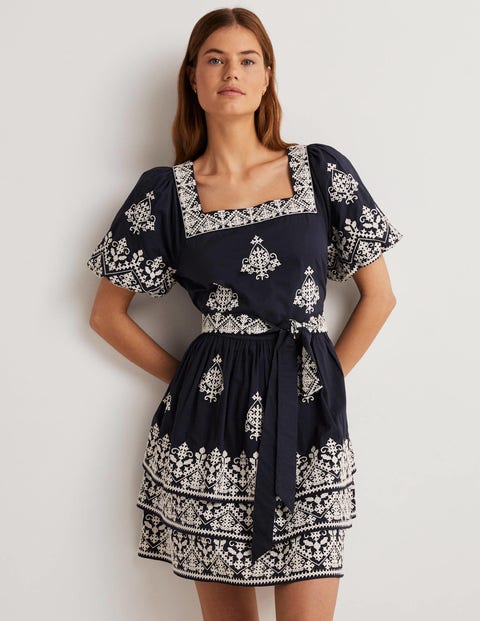 Square Neck Ruffle Dress - Navy, Ivory Embroidery