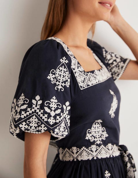 Square Neck Ruffle Dress - Navy, Ivory Embroidery
