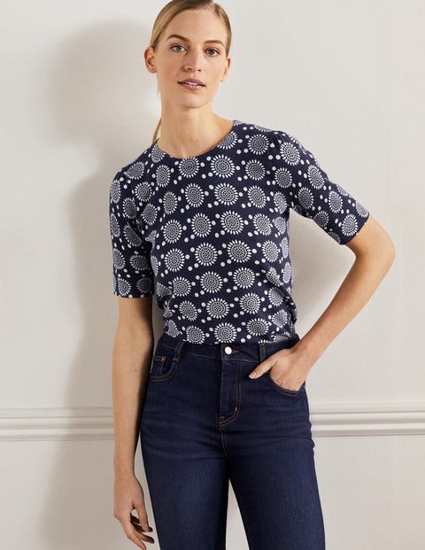 Cotton Crew Knitted Top - French Navy, Sun Geo