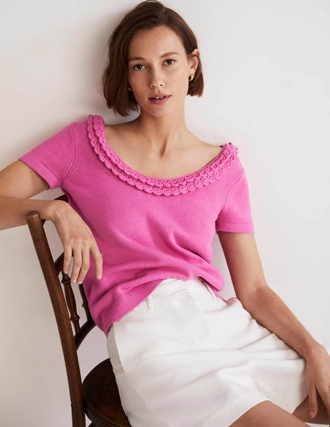 Strick-T-Shirt mit gehäkelter Muschelborte - Erdbeer-Daiquiri-Rosa