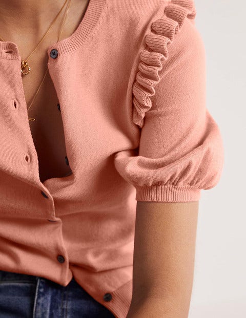 Frill Shoulder Cotton Cardigan - Chalky Coral Pink