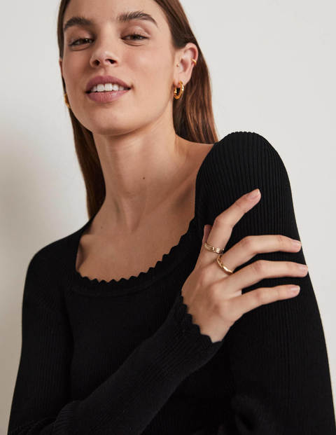 Ribbed Square Neck Knitted Top - Black