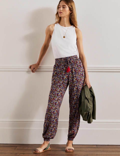 Crinkle Tapered Trousers - French Navy, Paisley Blush