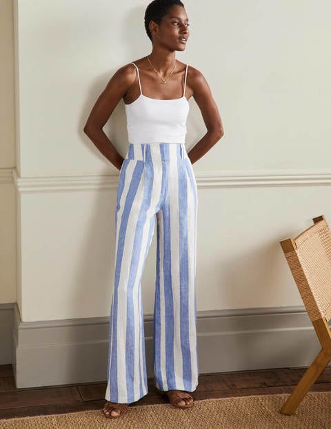Wide Leg Linen Trousers - Bluebell and Ivory Stripe