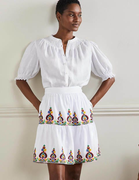 Embroidered Linen Mini Skirt - White Embroidered