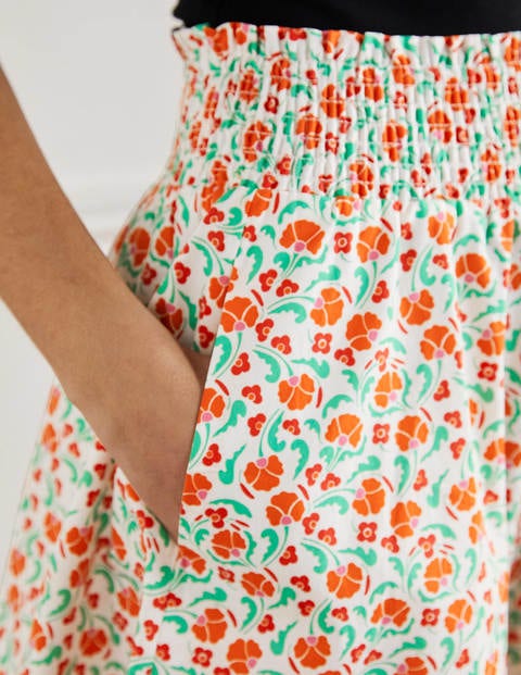 Shirred Waist Cotton Skirt - Bright Papaya, Delicate Bud