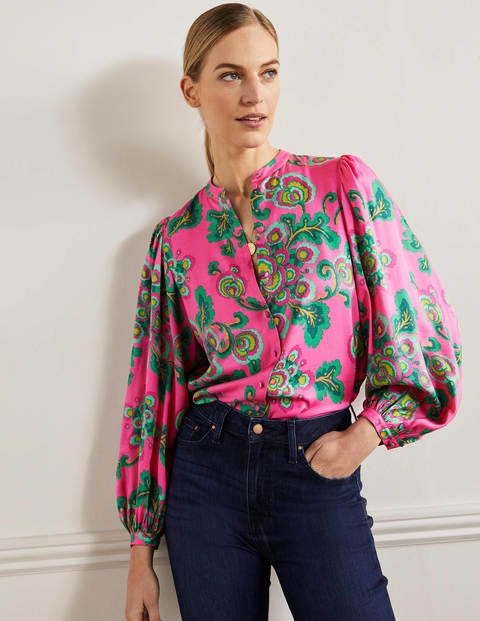 Anna Blouson Sleeve Blouse - Party Pink, Wild Blooms
