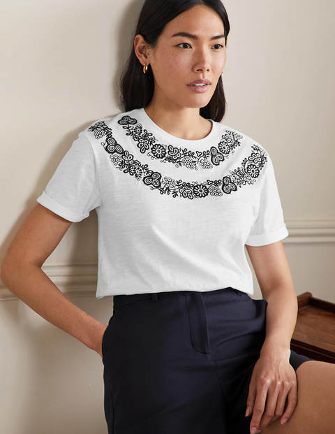 Turn Up Cuff Cotton T-Shirt - White, Embroidered