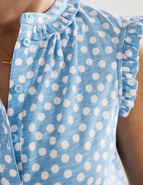 Daphne Frilly Sleeveless Shirt - Dusty Blue, Scatter Dot