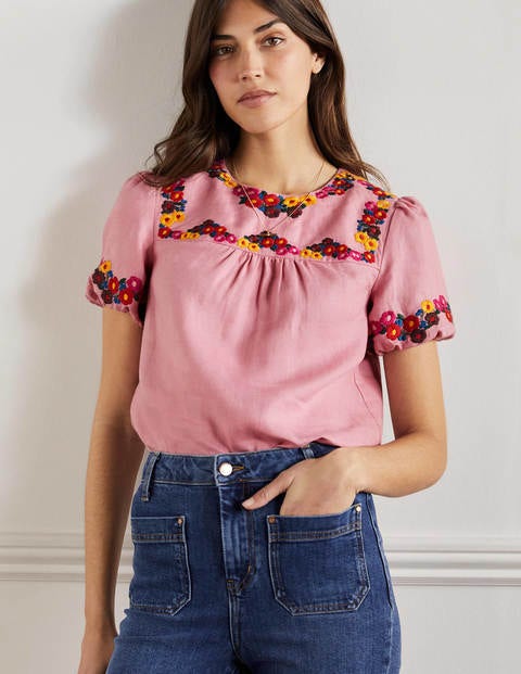 Embroidered Linen Top - Pink