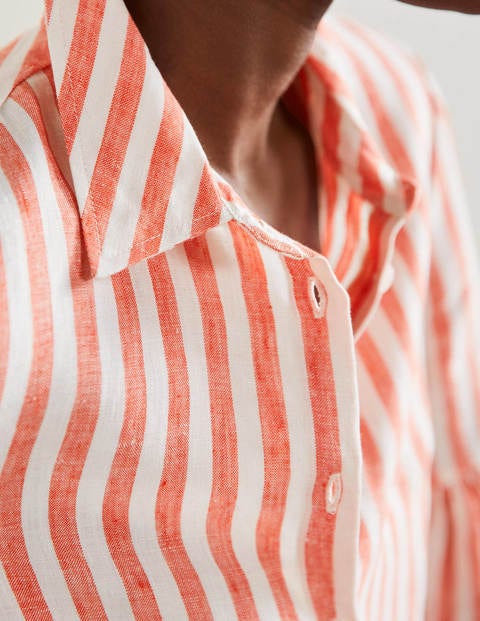 Anna Blouson Linen Shirt - Papaya/Ivory Stripe