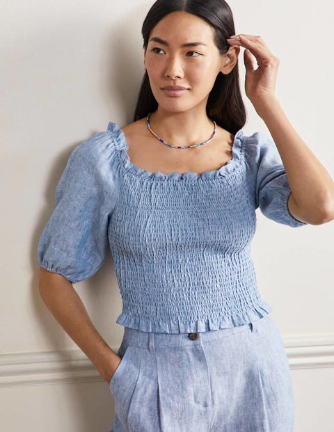 Carrie Smocked Linen Top - Chambray