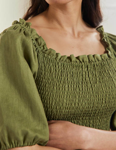 Carrie Smocked Linen Top - Pea Green