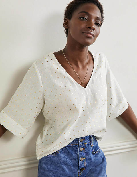 Linen Wide Sleeve Top - Ivory, Gold Pin 