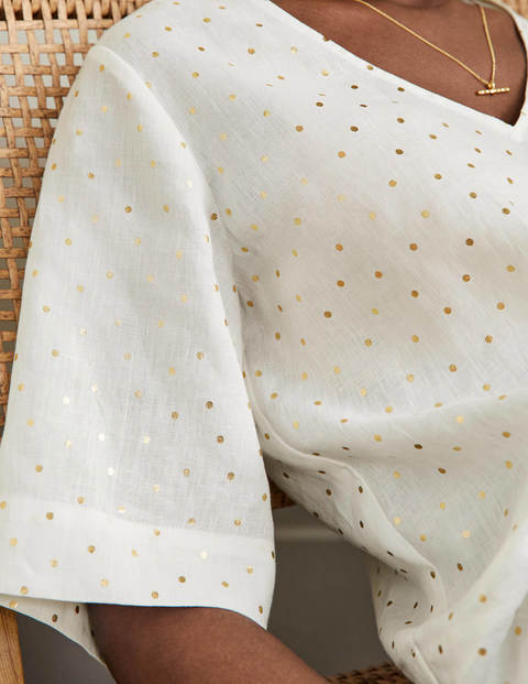 Linen Wide Sleeve Top - Ivory, Gold Pin Dot
