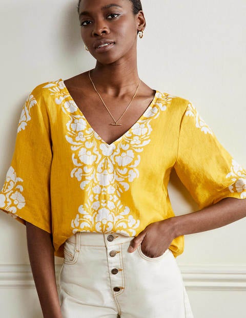 Linen Wide Sleeve Top - Butter Yellow, Passion Bloom