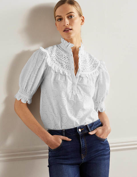 Faye Short Sleeve Broderie Top - White