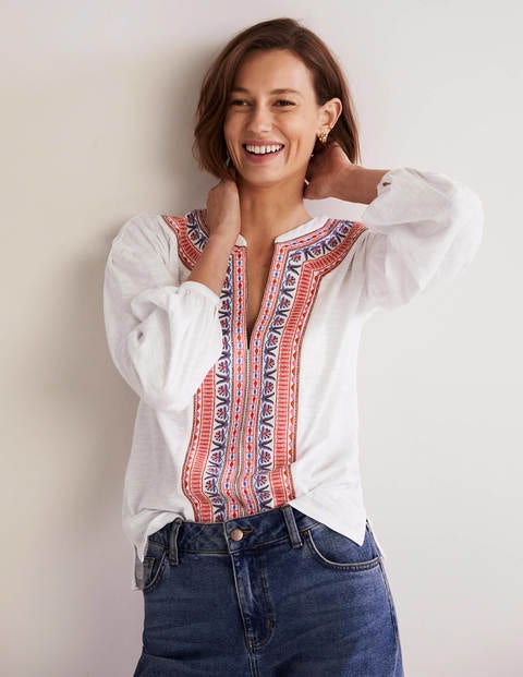 Embroidered Tie Detail Top - White, Multi Embroidery