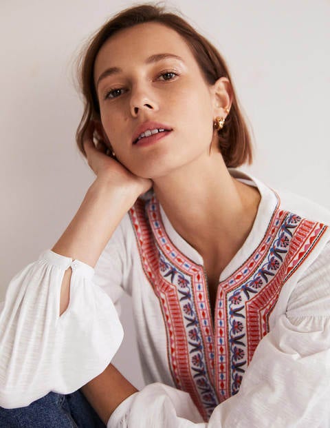 Embroidered Tie Detail Top - White, Multi Embroidery