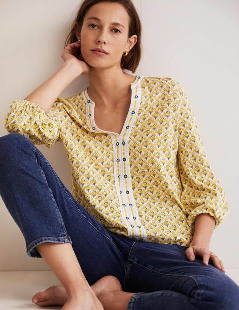 Printed Notch Neck Jersey Top - Olive Oil, Poppy Geo | Boden UK