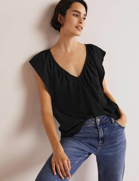 Boden White Flutter Sleeve V-Neck T-Shirt