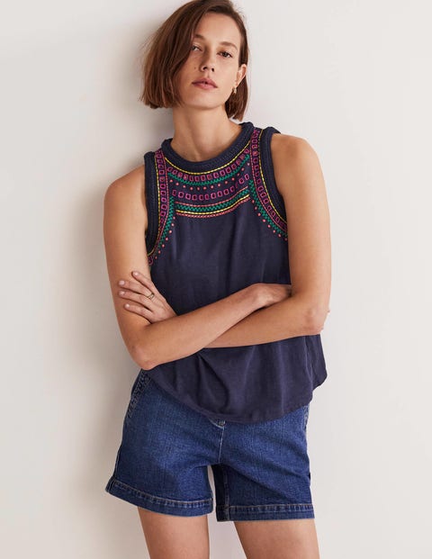 Stitch Detail Sleeveless Top - Navy, Multi Embroidery