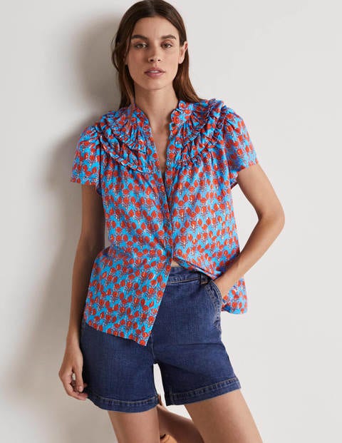 Flutter Sleeve Ruched Blouse - Mosaic Blue, Poppy Geo