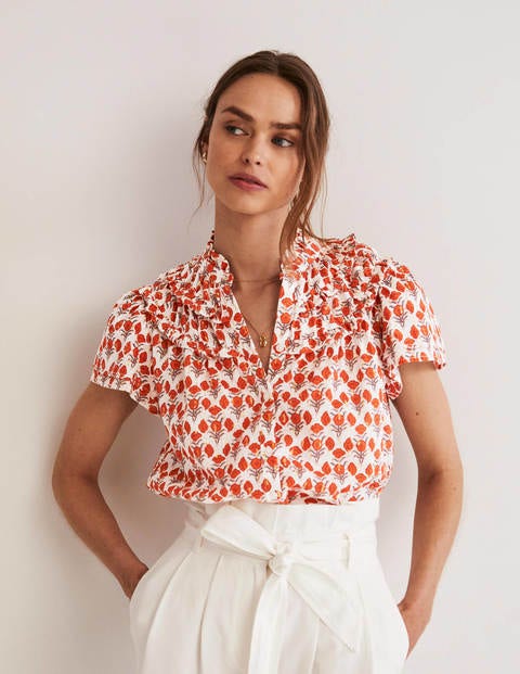 Flutter Sleeve Ruched Blouse - Chili Oil, Poppy Geo
