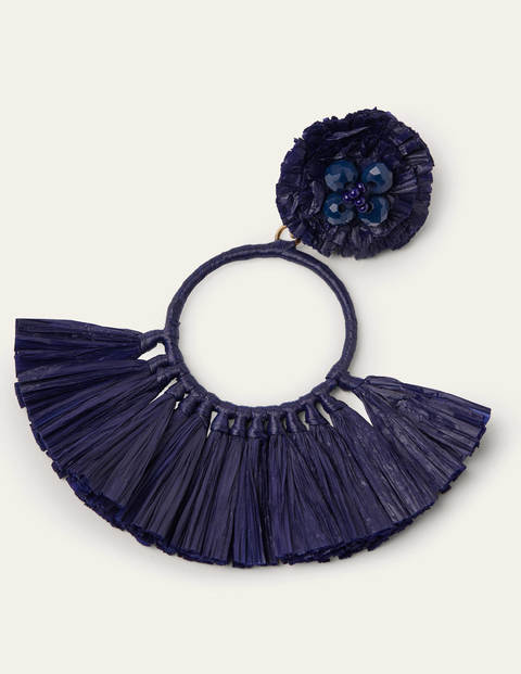 Boucles d'oreilles en raphia à pampilles - Bleu marine Boucles d'oreilles en raphia à pampilles - Bleu marine