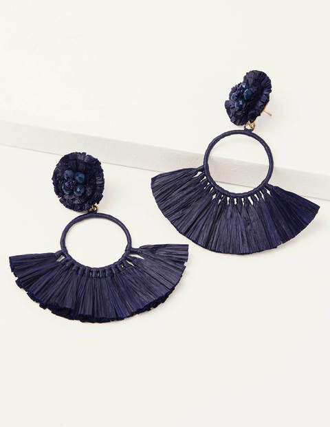 Boucles d'oreilles en raphia à pampilles - Bleu marine Boucles d'oreilles en raphia à pampilles - Bleu marine