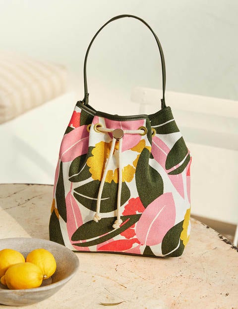 Canvas Drawstring Bucket Bag - Ivory, Abstract Bloom Canvas Drawstring Bucket Bag - Ivory, Abstract Bloom