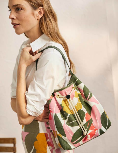Canvas Drawstring Bucket Bag - Ivory, Abstract Bloom Canvas Drawstring Bucket Bag - Ivory, Abstract Bloom