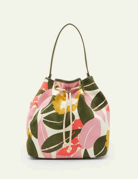 Canvas Drawstring Bucket Bag - Ivory, Abstract Bloom Canvas Drawstring Bucket Bag - Ivory, Abstract Bloom