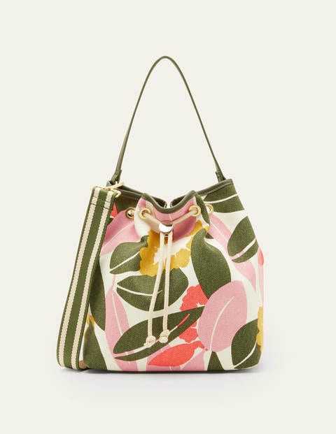 Canvas Drawstring Bucket Bag - Ivory, Abstract Bloom Canvas Drawstring Bucket Bag - Ivory, Abstract Bloom