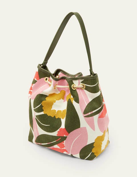 Canvas Drawstring Bucket Bag - Ivory, Abstract Bloom Canvas Drawstring Bucket Bag - Ivory, Abstract Bloom