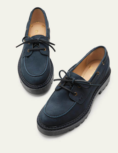 Chunky Sole Leather Deck Shoes - Navy