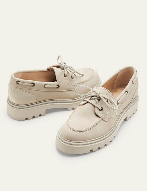 Chunky Sole Leather Deck Shoes - Pearl
