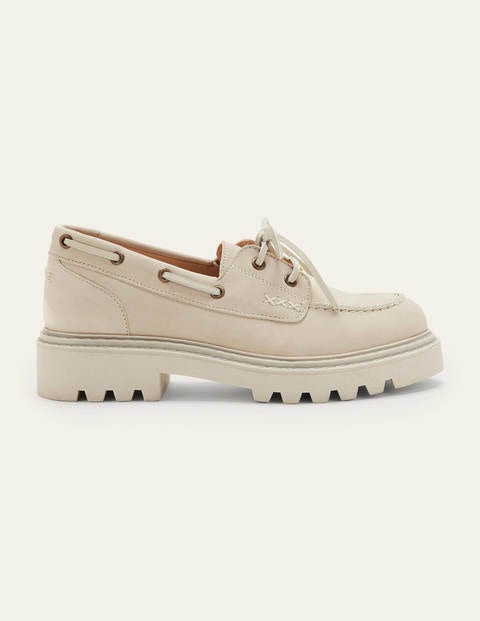 Chunky Sole Leather Deck Shoes - Pearl