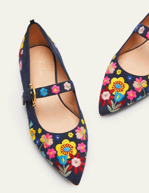 Pointed Toe Mary Jane Shoes - Navy/Embroidery