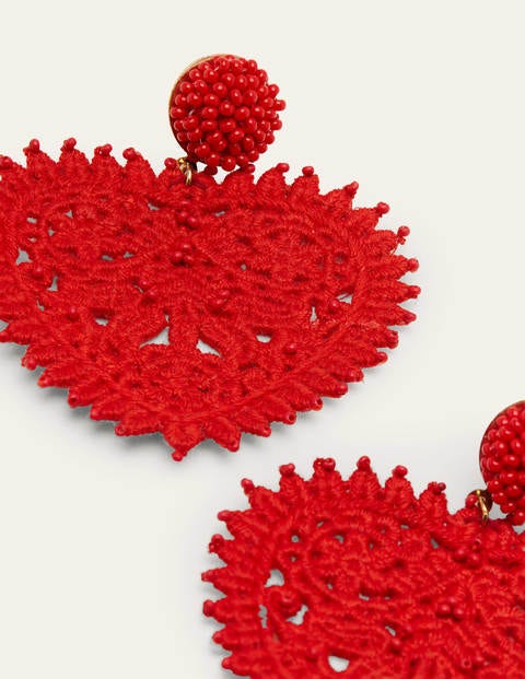 Beaded Heart Earrings - Red