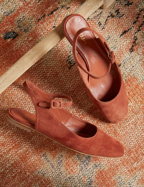 Square Toe Flat Slingbacks - Copper Red Suede