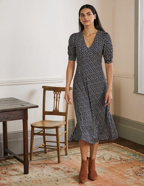 navy spot midi dress