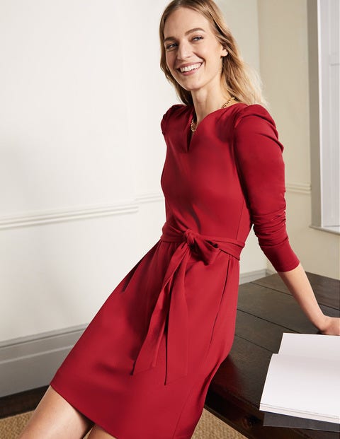 Puff Sleeve Belted Ponte Dress - Winter Berry