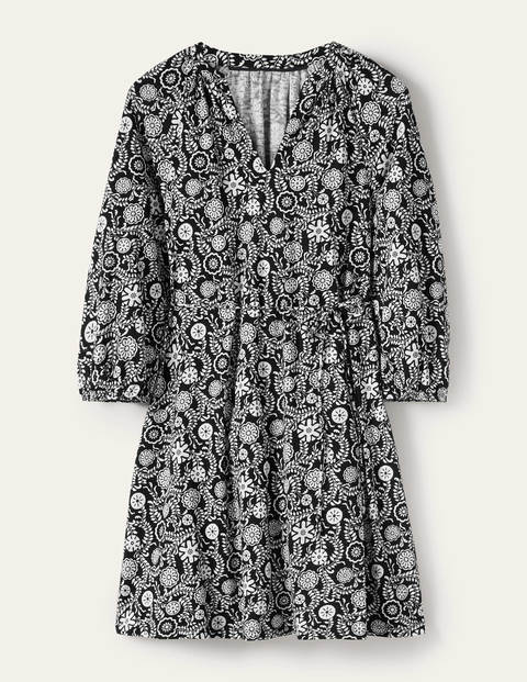 Notch Neck Jersey Mini Dress - Black, Opulent Garden Notch Neck Jersey Mini Dress - Black, Opulent Garden