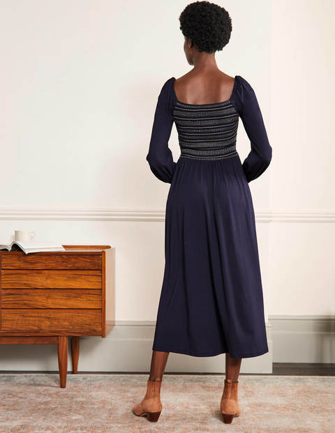 Smocked Jersey Midi Dress - Navy Smocked Jersey Midi Dress - Navy