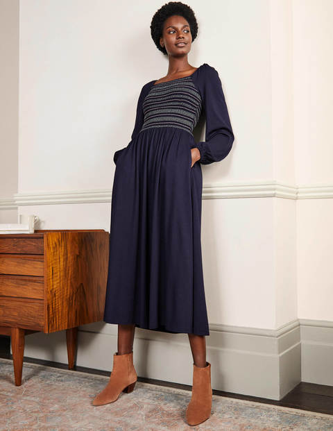 Smocked Jersey Midi Dress - Navy Smocked Jersey Midi Dress - Navy