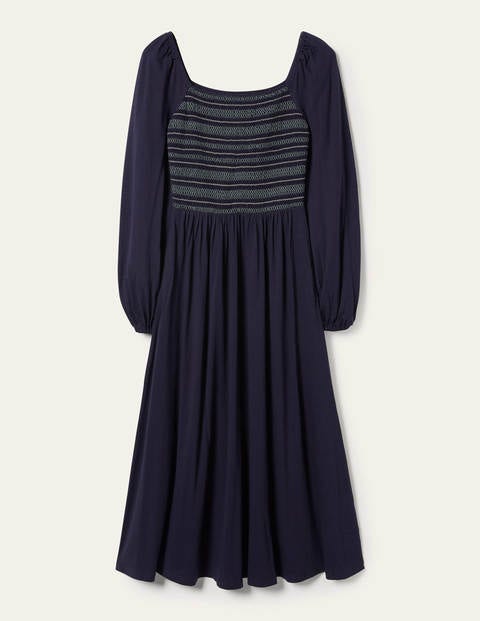 Smocked Jersey Midi Dress - Navy Smocked Jersey Midi Dress - Navy
