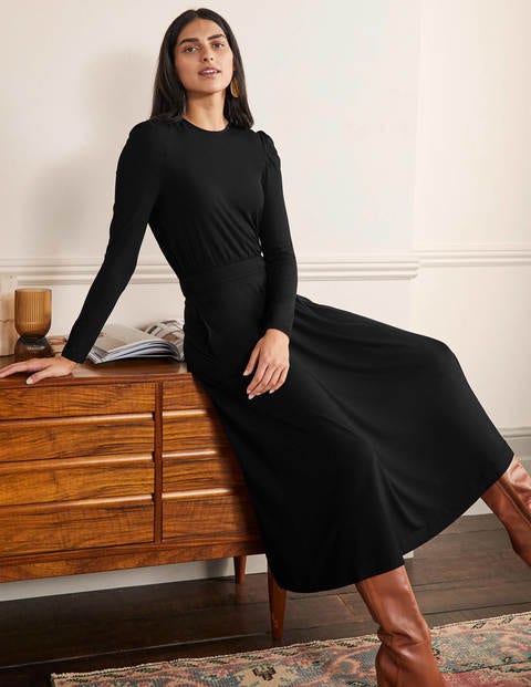 Jersey-Midikleid mit Puffärmeln - Schwarz Jersey-Midikleid mit Puffärmeln - Schwarz